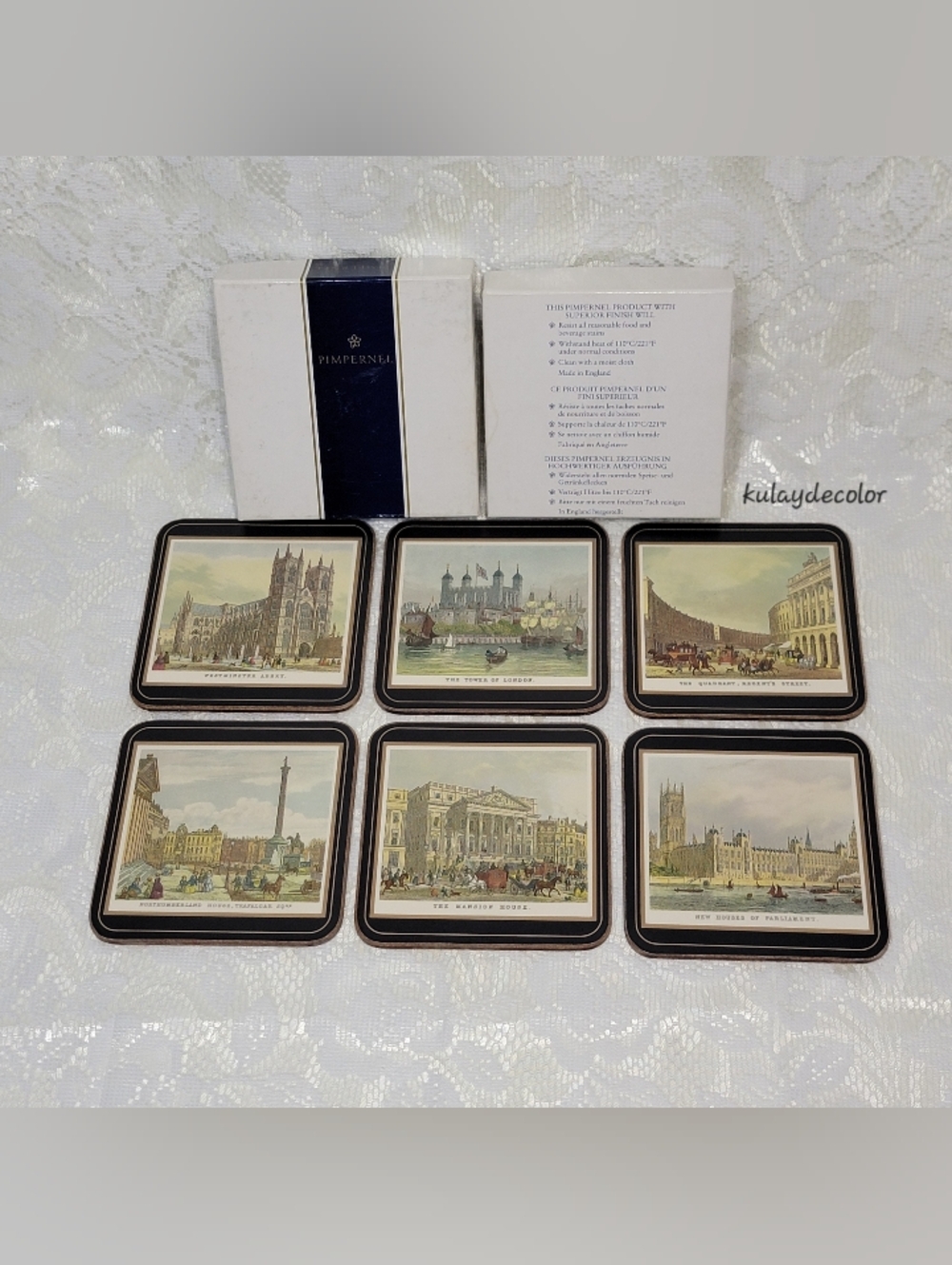 Vintage Set of 6 Pimpernel 19th Century London Landmark Picture Cork Coasters